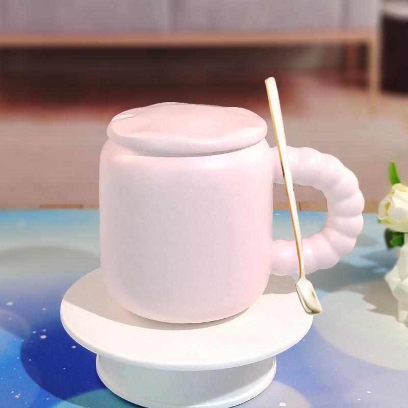 Candy-Colored Ceramic High-Value Men'S And Women'S Drinking Cups, Pearl Handles, Household Coffee Cups With Lids And Spoons