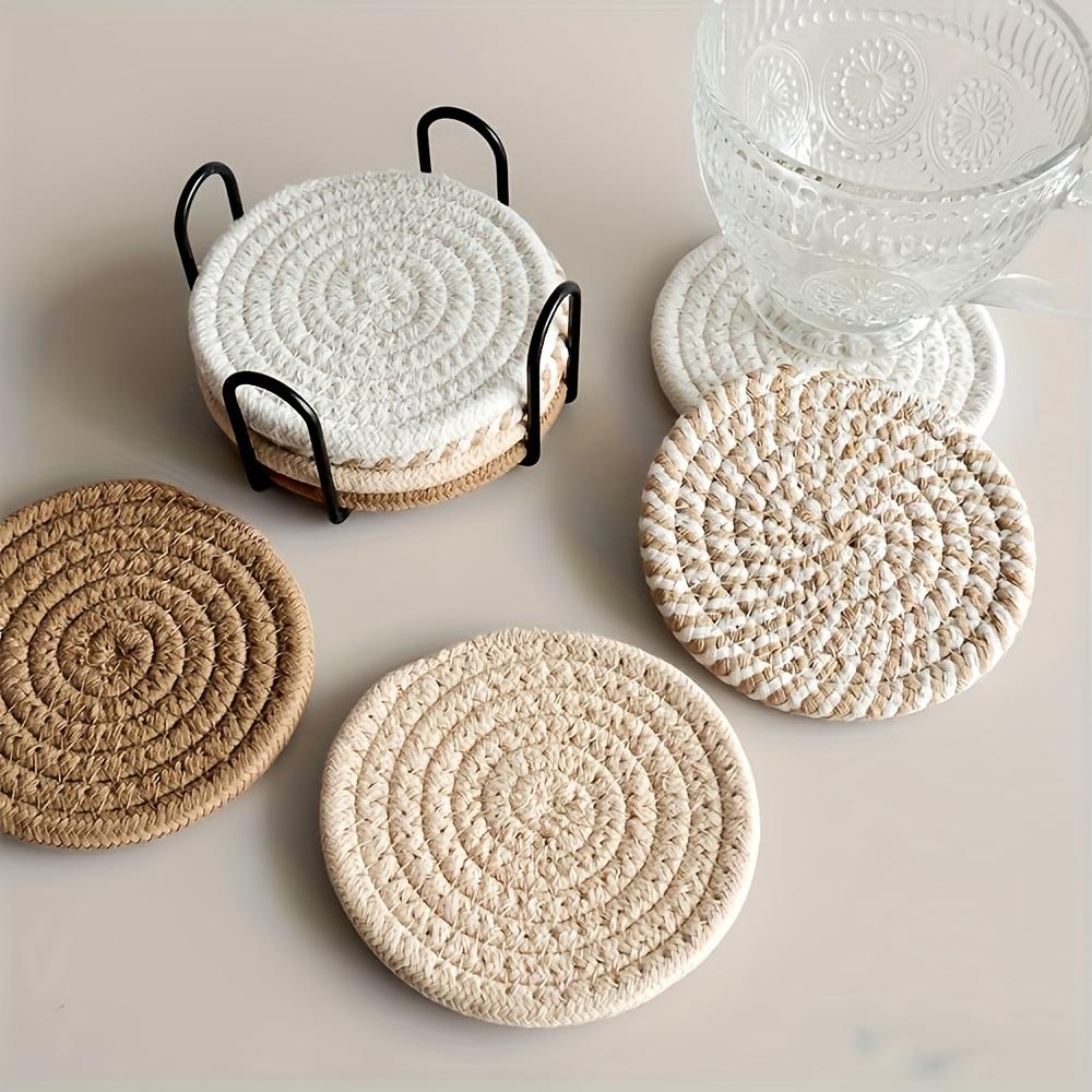 8pcs Flaxen Rope Coasters, Heat-Resistant and Non-Slip Absorbent Round Coasters In Rustic Style with Storage Rack for Home Dining Table or Coffee Cups