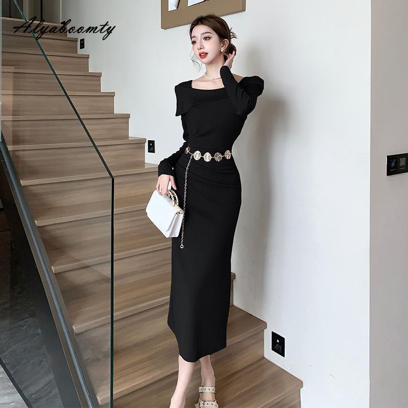 Korean Style Autumn Winter Women Sweater Dress Slash Neck Black Purple Red Knitting Dress Long Sleeve Elegant Feminine Dress