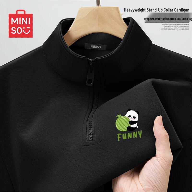 MINISO Men's Half-Zip Stand Collar Panda Graphic Sweatshirt
