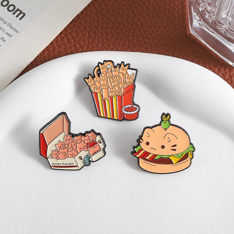 Cat Burger Enamel Pins Custom Cute Cat French Fries Brooches Lapel Badges Clothes Animal Jewelry Gift for Kids Friends