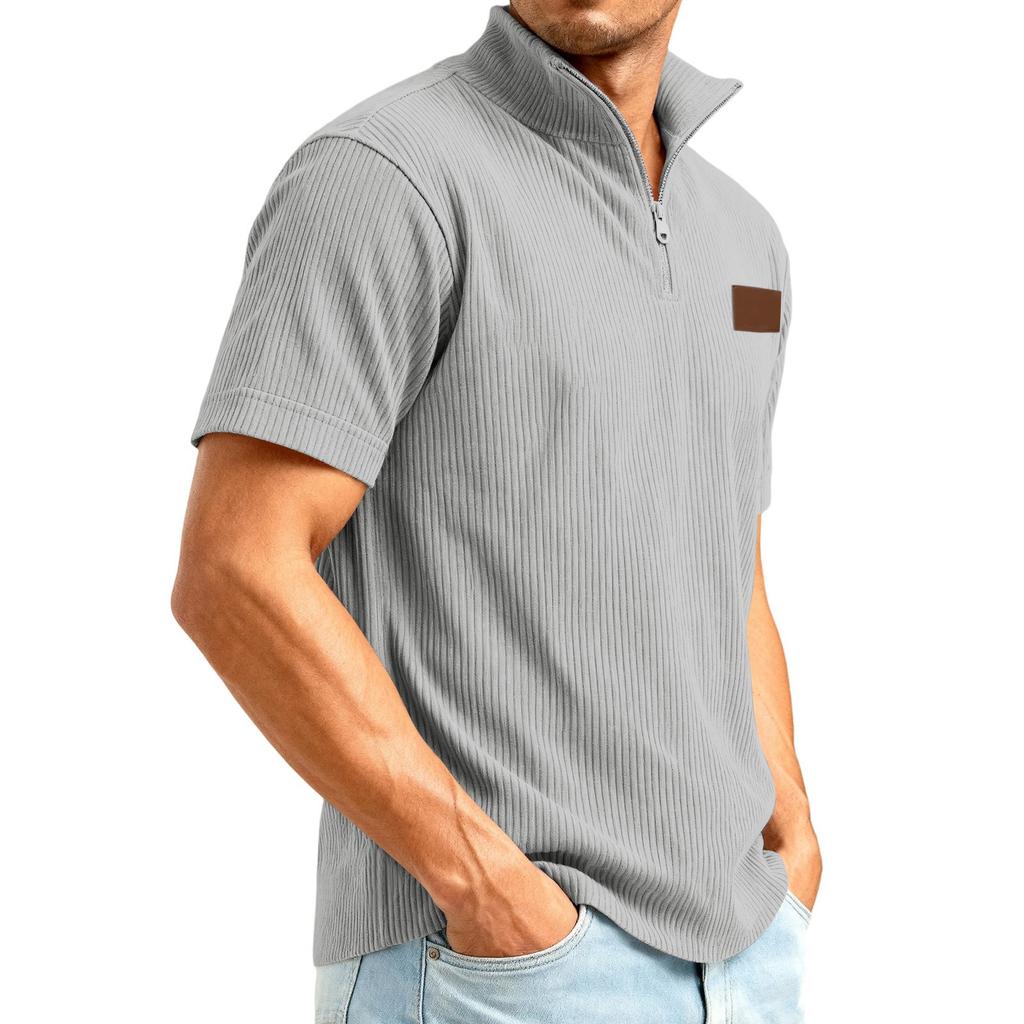 Men's 1/4 Zip Corduroy Short Sleeve Top | Loose Fit Fashion Casual Pullover For Daily Wear