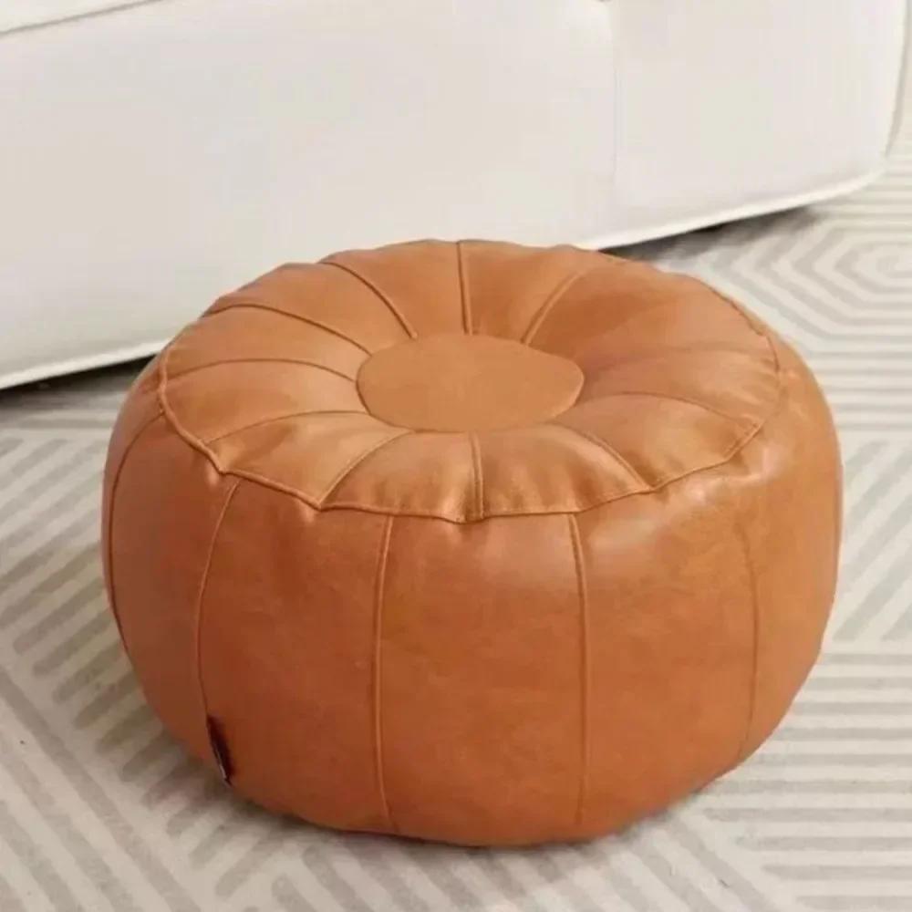 Round Seat Cushion Cover Unstuffed Faux Leather Pumpkin Pouf Cover Large Capacity Minimalist Storage Bag Storage