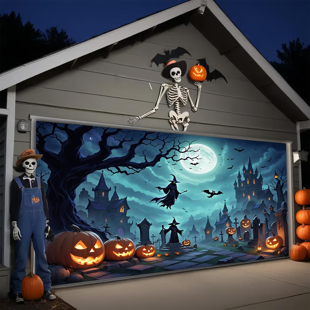 One [2D flat printing] item Halloween garage door sticker witch broom flying scenezyc