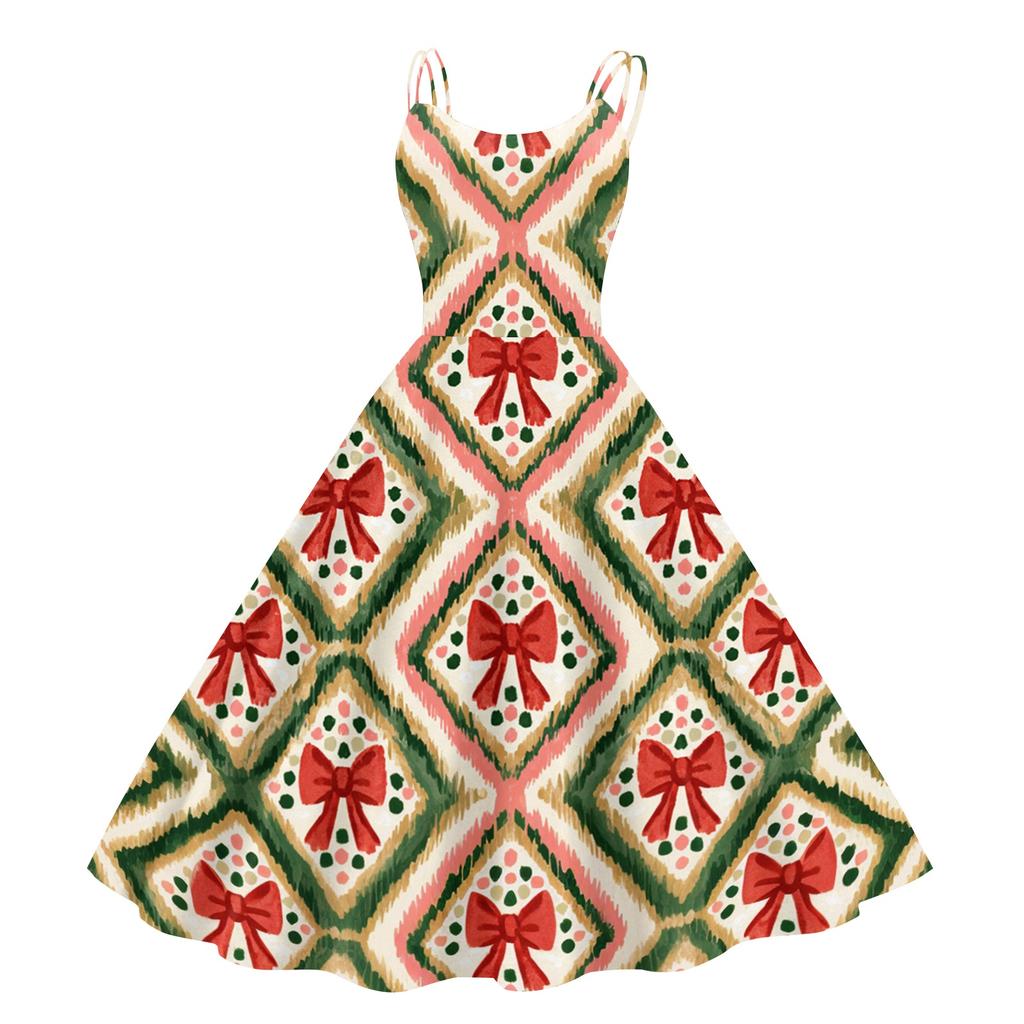 Women's Off-Shoulder Vintage Dress with Christmas Print for Holiday Parties and Evening Wear