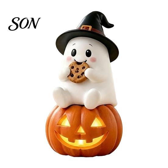 Miniature Ghost Statue Lighted Halloween Figurine, Spooky Resin Witch on Pumpkin/Holding Lantern Cute Table Decor with LED Light for Desktop Bookshelf