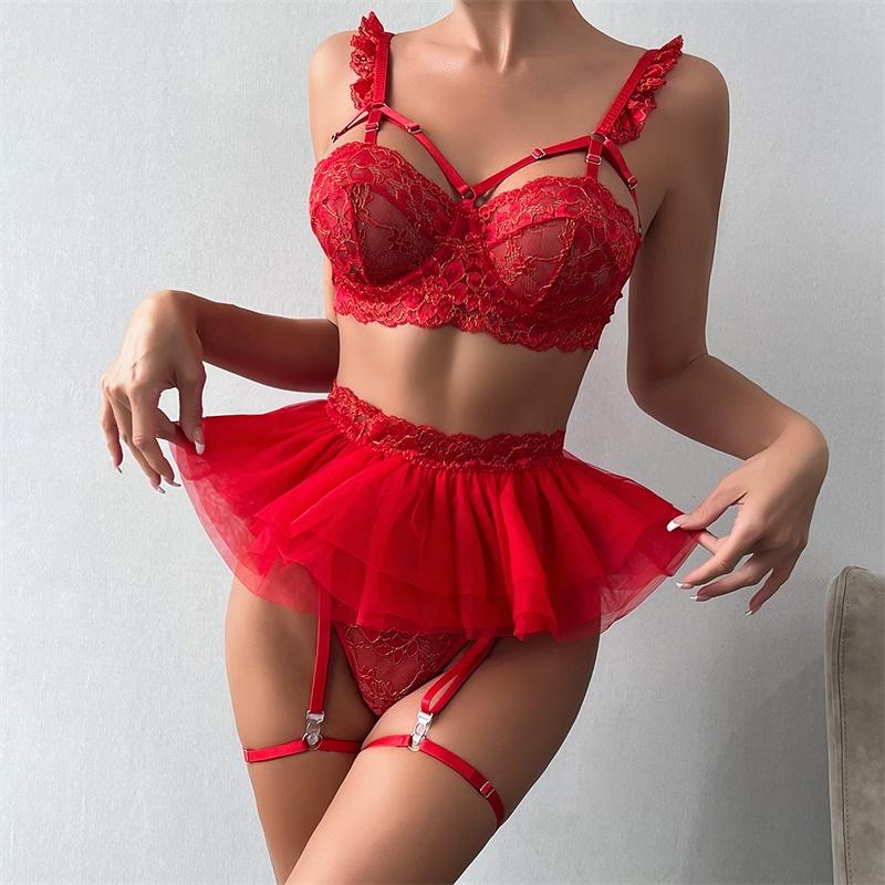 Aduloty Sous-vêtements Sexy en dentelle pour femmes, jupe bouffante pliante à trois couches, maille 3D, ensemble trois pièces, soutien-gorge, Lingerie érotique