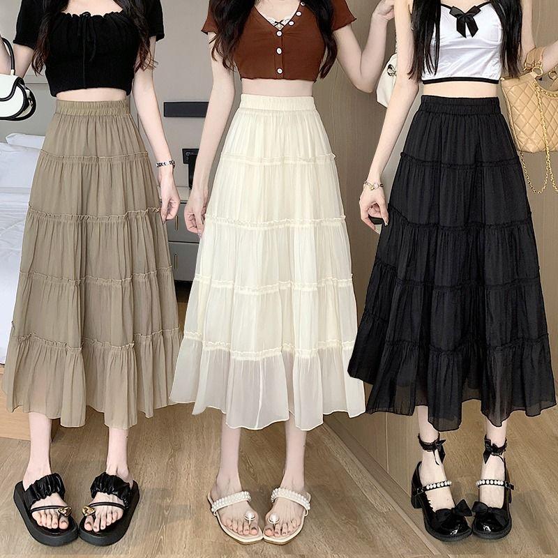 Women's Summer Ruffled Tencel Chiffon A-Line Tiered Skirt Mid-Length High Waist Slimming Skirt