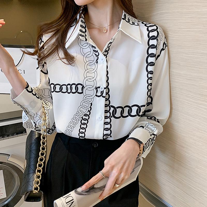 

Рубашка French Commuter из шифона с длинными рукавами на весну Элегантный шелковистый топ с длинными рукавами и принтом в виде цепочки XXL белый