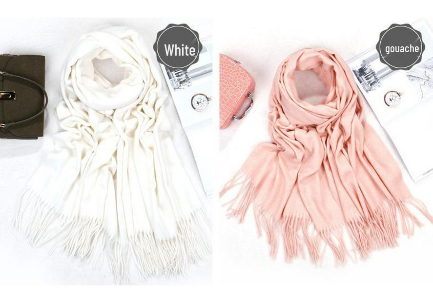 Wool and Cashmere Scarf: Gray Solid Color with Fur Trim, Warm Tassels for Autumn and Winter