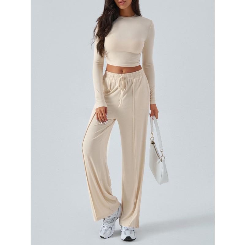 Women Long Sleeve Top Solid Drawstring Wide Leg Casual Pants Two Piece Set