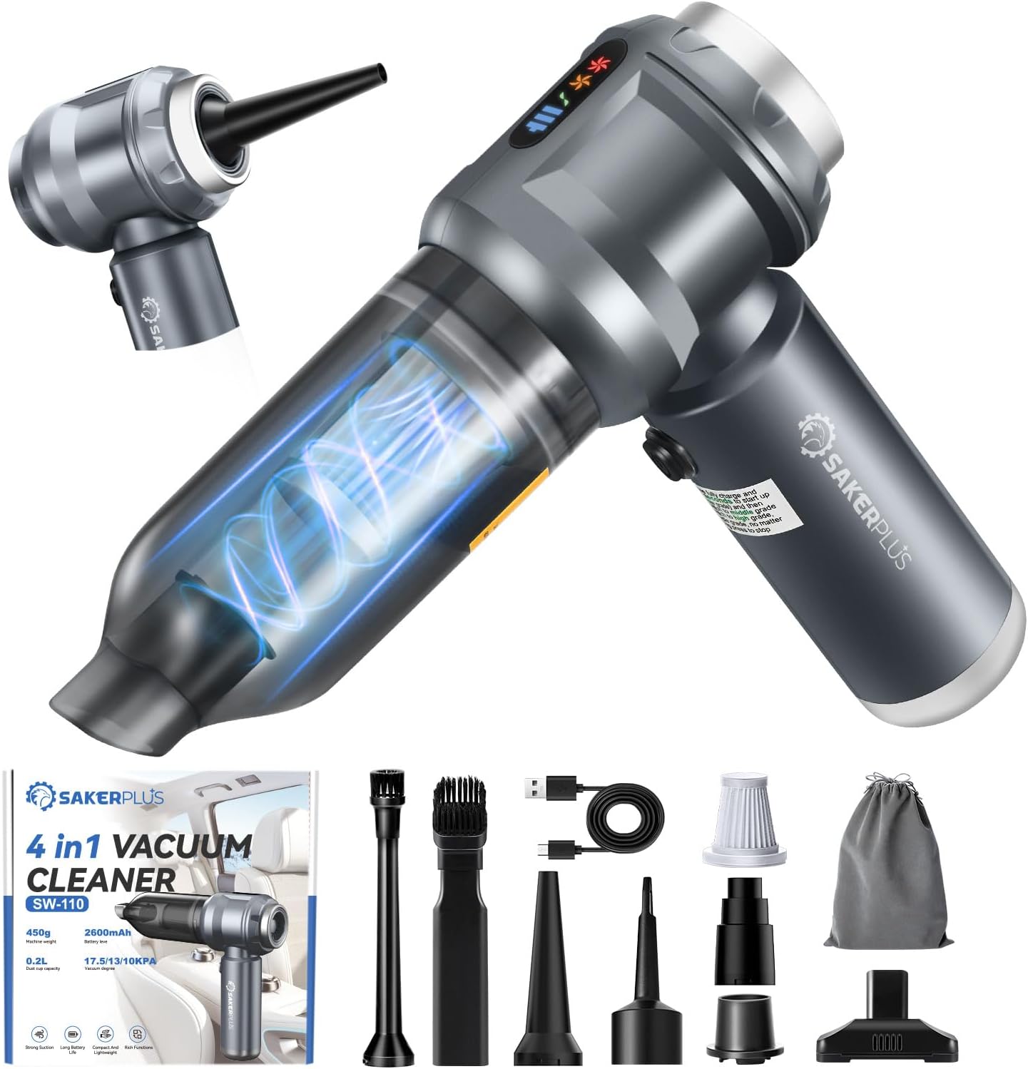 

4-in-1 Rechargeable Car Vacuum Cleaner with LED Light & Multi Nozzles – High Power, Portable, for Car, Home, Office світло-сірого кольору