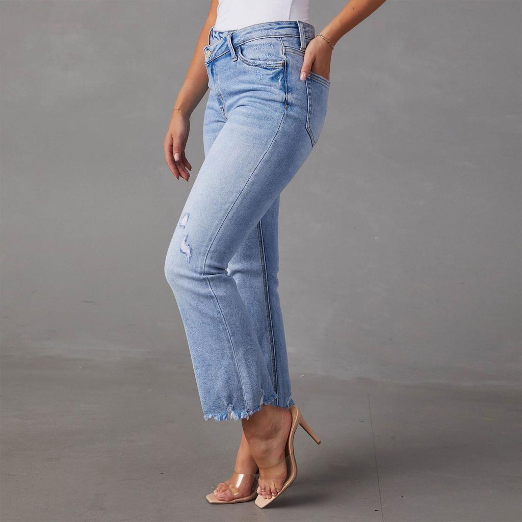 Damen Stretch Straight Jeans Mode Loch Washed Jeans