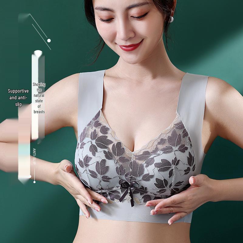 Plus Size Lace Seamless Wire-Free Bra: Side Support Anti-Sagging, Fixed Cups, Minimizing Effect for Large Busts