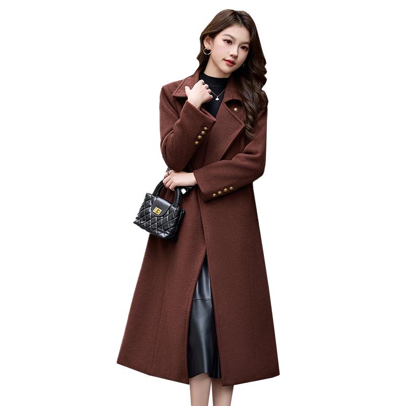 Women's Extra Long Wool Coat with Tie - Autumn/Winter Korean Fashion, Lapel Design (HR1018)