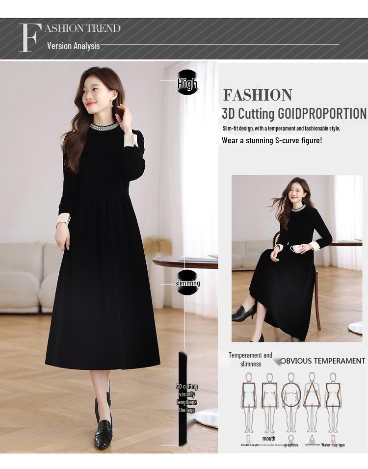 Hepburn Style Black Velvet Long Sleeve Dress - French High-End Autumn/Winter Women's Waist-Cinched Slimming Gown