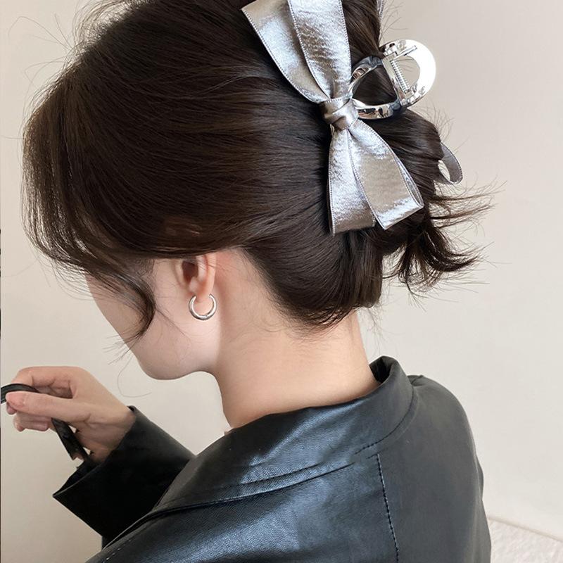 Silver Gray Fabric Bow Satin Grab Clip New Fashion Commuter Hair Grab Simple and Versatile Temperament Hair Accessories