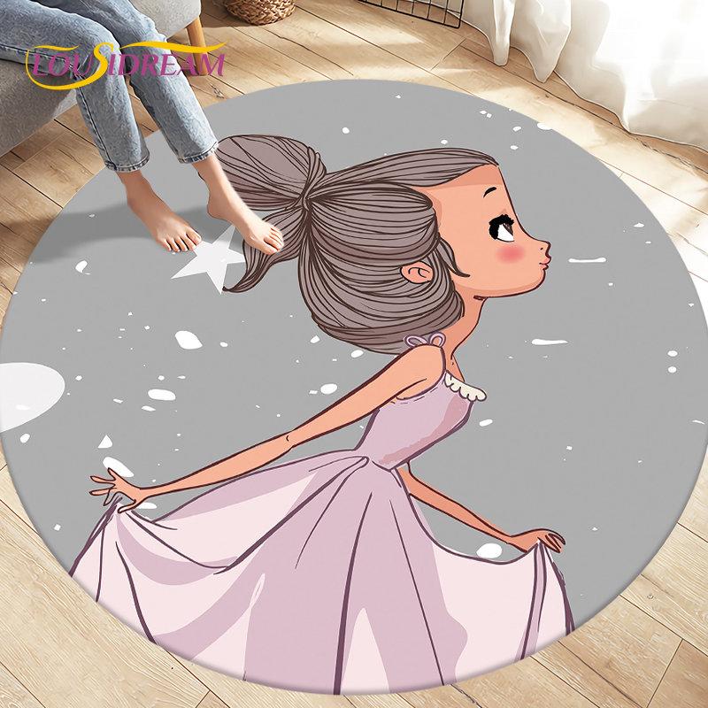 Cute Ballet Girl Ballerina Cartoon Round Area Rug,Carpet for Living Room Bedroom Sofa Playroom Decor,kid Play Non-slip Floor Mat