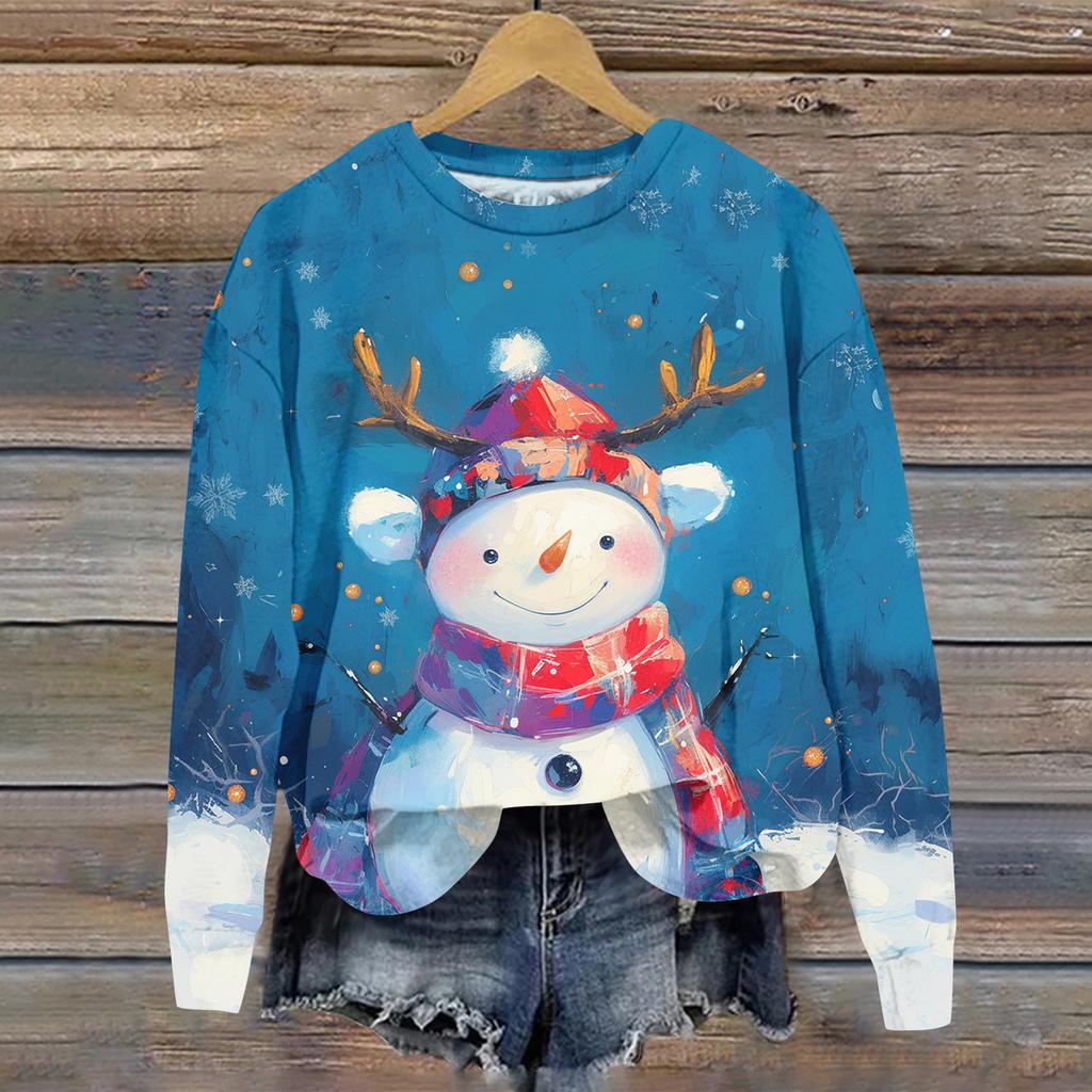 Ladies' Christmas Printed Long Sleeved Round Neck Hoodie Loose Top