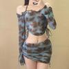 Korean Tie-Dye Four-Piece Bikini Set with Drawstring Tummy-Covering Slimming Design