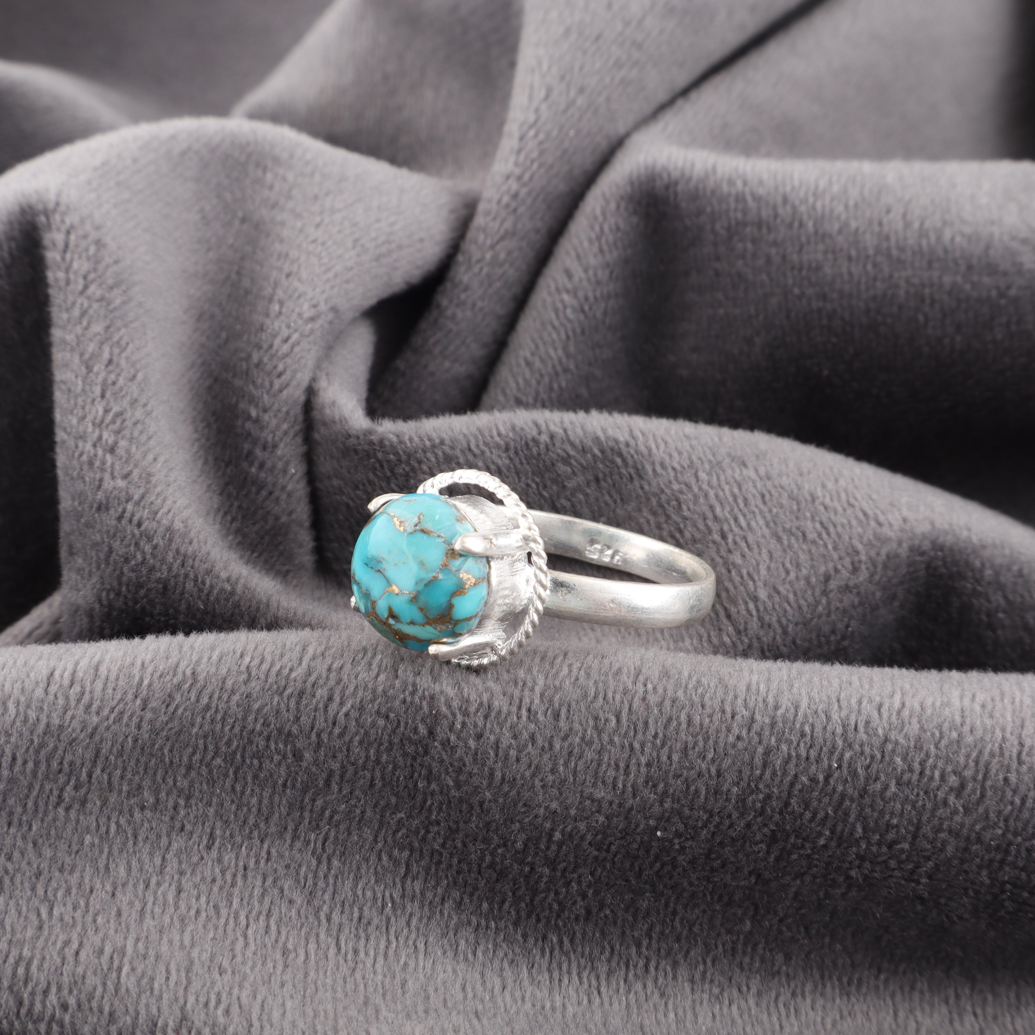 

Кольцо из голубой медной бирюзы ручной работы, кольцо из стерлингового серебра 925 пробы, изящное серебряное украшение, для подарка на помолвку 7.5 синий