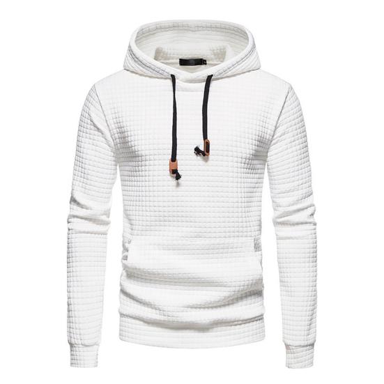Long Sleeves Drawstring Pocket Waffle Fabric Men Sweatshirt Spring Autumn Plaid Quilting Solid Color Hoodie