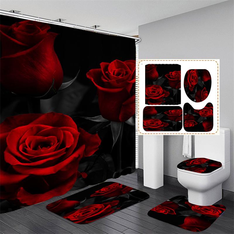 Valentine's Day Bathroom Bathing Waterproof Shower Curtain Home Entrance Doormat Bathtub 4Pcs Set Toilet Seat Cover Rugs Bath Non-Slip Floor Mat Love