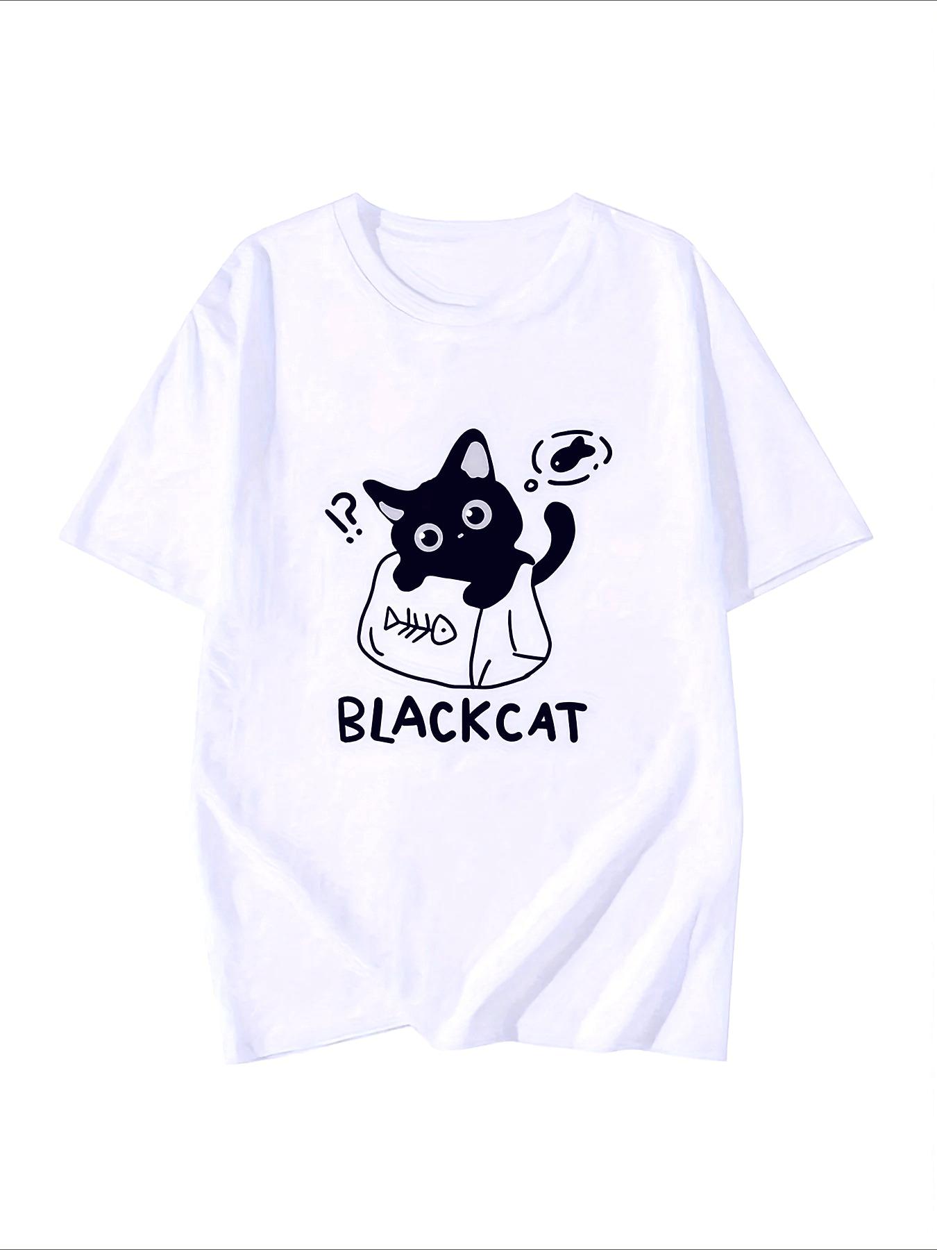 Black Cat Pattern Tshirt Womens Casual Short Tshirt White with Cute Cat Print Comfort and Casual Harajuku Short Sleeve Clothes S