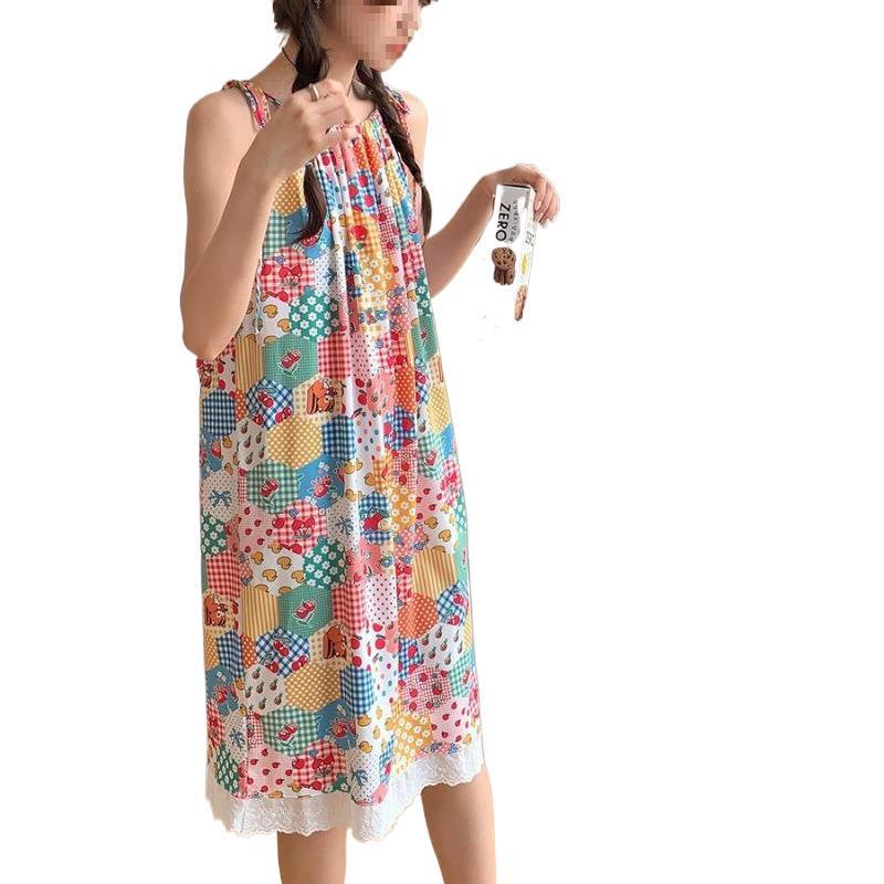 Women's Summer Floral Lace Strappy Pleated Dress - Sweet, Spicy, Loose-Fit Mid-Length Beach Style