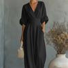 2026 Womens Solid Color V-Neck Jumpsuit High-Waisted Wide-Leg Slim Fit Long Sleeve Lightweight Office Chic
