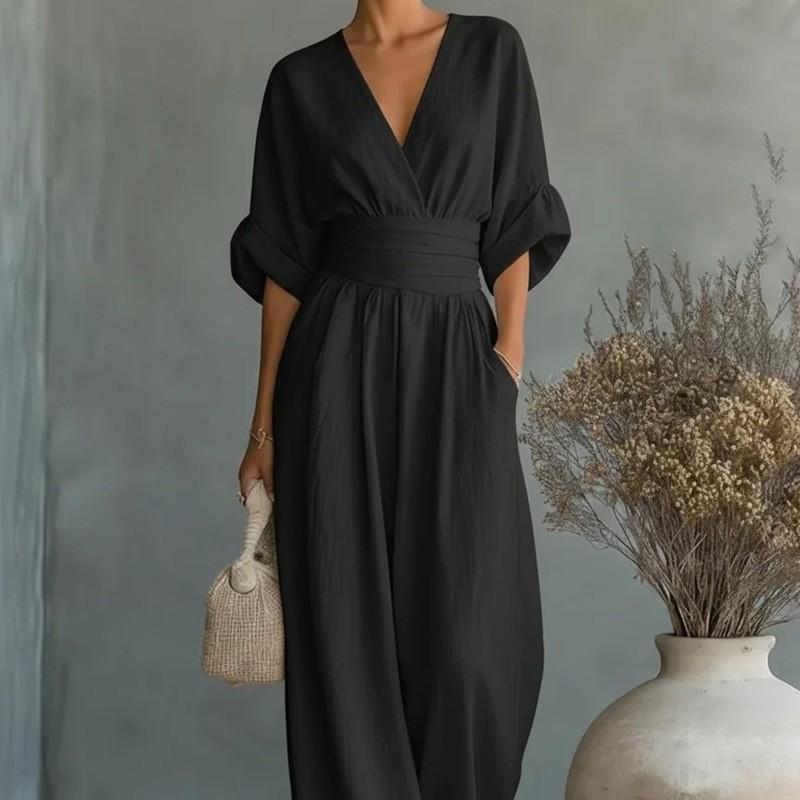 2026 Womens Solid Color V-Neck Jumpsuit High-Waisted Wide-Leg Slim Fit Long Sleeve Lightweight Office Chic