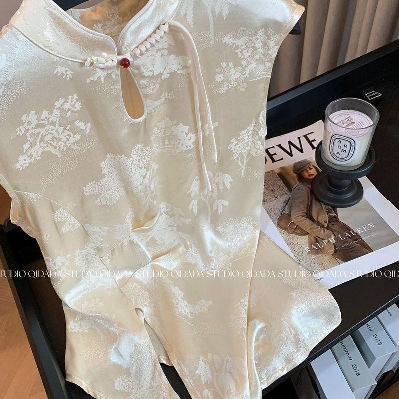 

New Chinese Style Tops Sleeveless Light National Style Women s Short Summer Silm Thin Shirt Satin Important Occasions Small Shirt Image color M