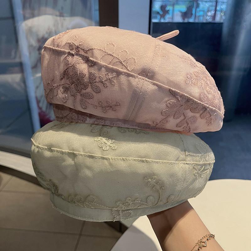 Style Mesh Beret Hat With Embroidery And Flower Pattern For Summer Fashion