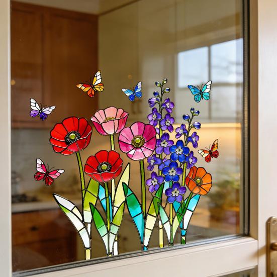 Colorful Spring Floral Window Cling Double-Sided Static Glass Sticker Stained Glass Effect Flowers Butterflies Window Decal for Kitchen Bedroom