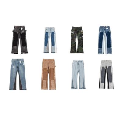 FlowStreet Retro Amerikanische Ausgefranste Knie-Patchwork Micro-Flared Schwarze Jeans Jugendmode Gerade Beine Arbeitskleidung Hosen Verschleißfest