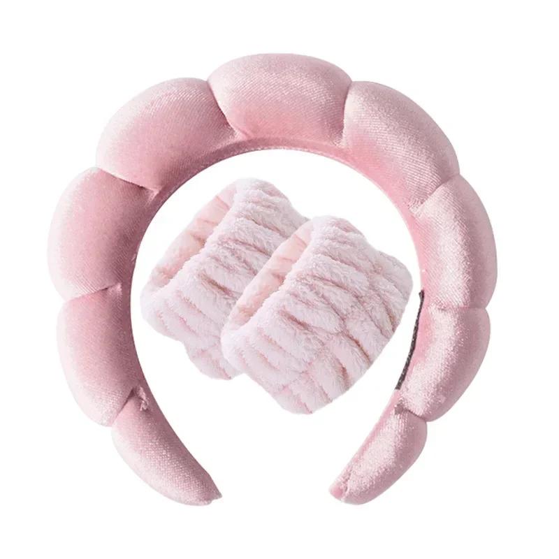 Vintage Velvet Cloud Hair Hoop for Women Girls Sponge Headband Wash Face Wristband Set Spa Bathroom Accessories