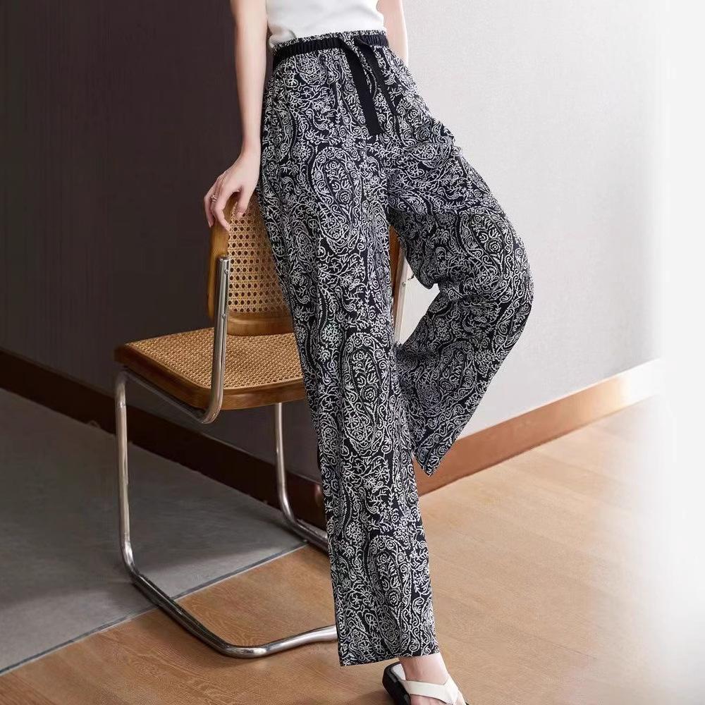 Spring and Summer Korean Style Casual High Waist Droop Chiffon Ink Wide-leg Pants for Women Sanya Pants Ice Silk Trousers