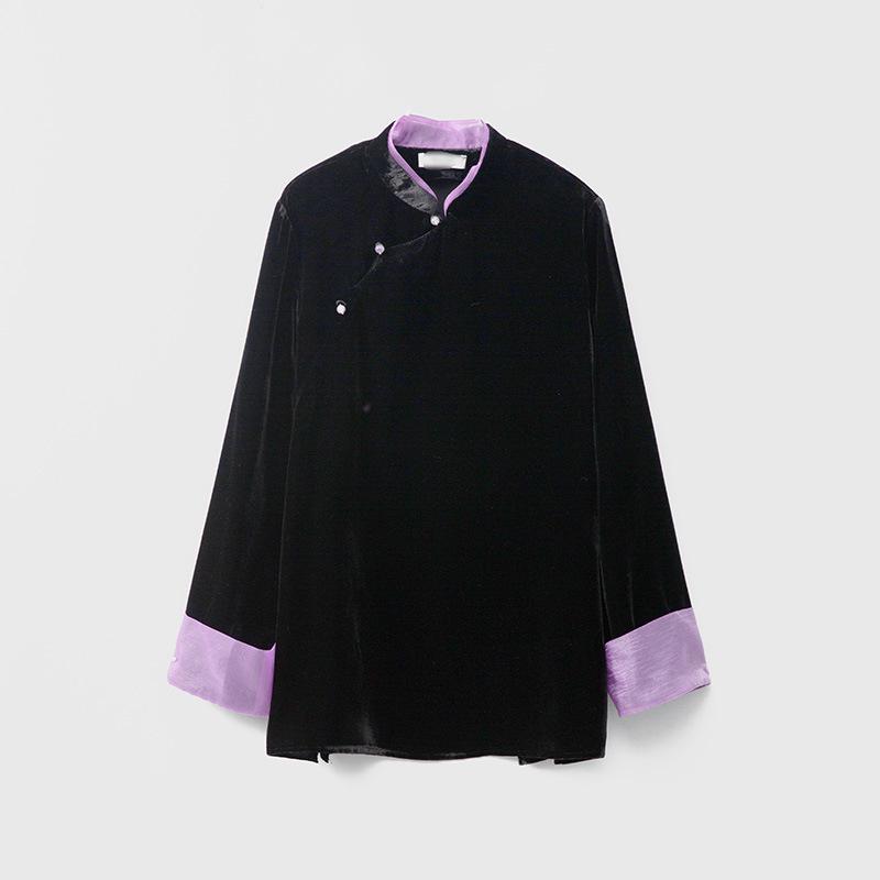 

Китайский шелковый бархатный топ со стойкой воротником, асимметричными пуговицами и лоскутным шитьем из органзы - Свободные рукава с манжетами Medium чёрный