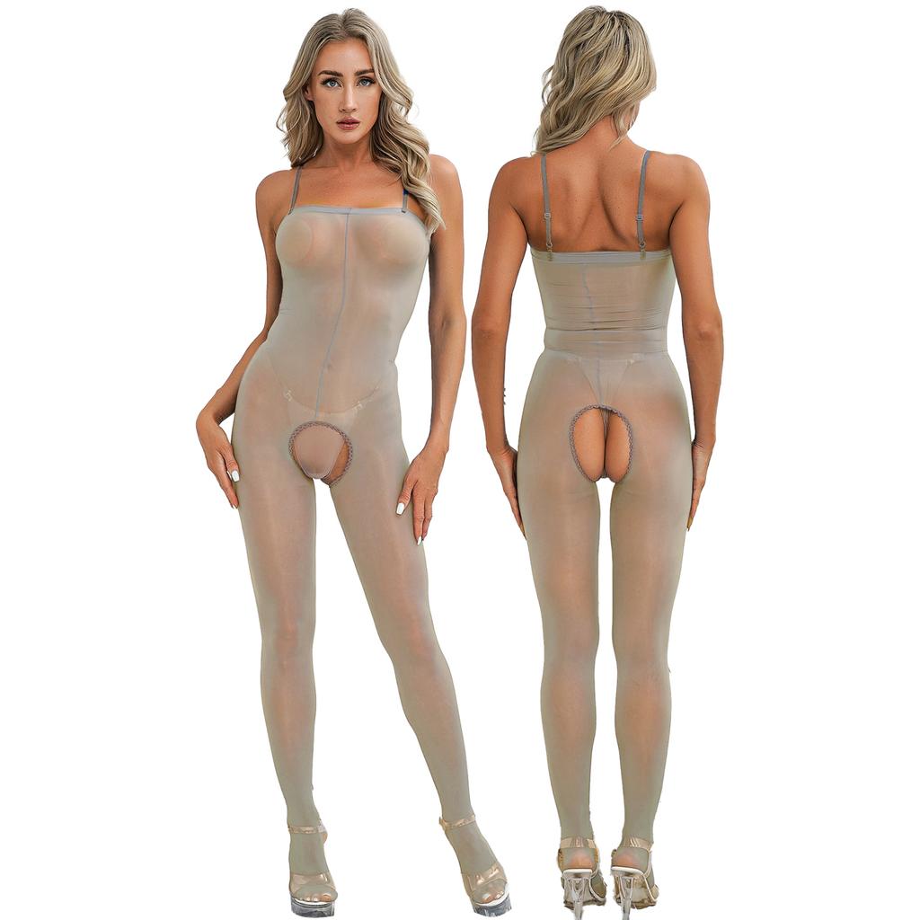 Womens Sleeveless Full Body Elastic Bodysuits Silky See Through Rompers Glossy Sexy Jumpsuits