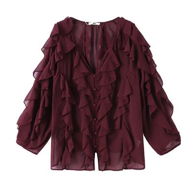 Moda Damska Plus Size, Koszula z Dekoltem w Serek i Długim Rękawem, Nowy Top z Falbanami na Wiosnę i Jesień