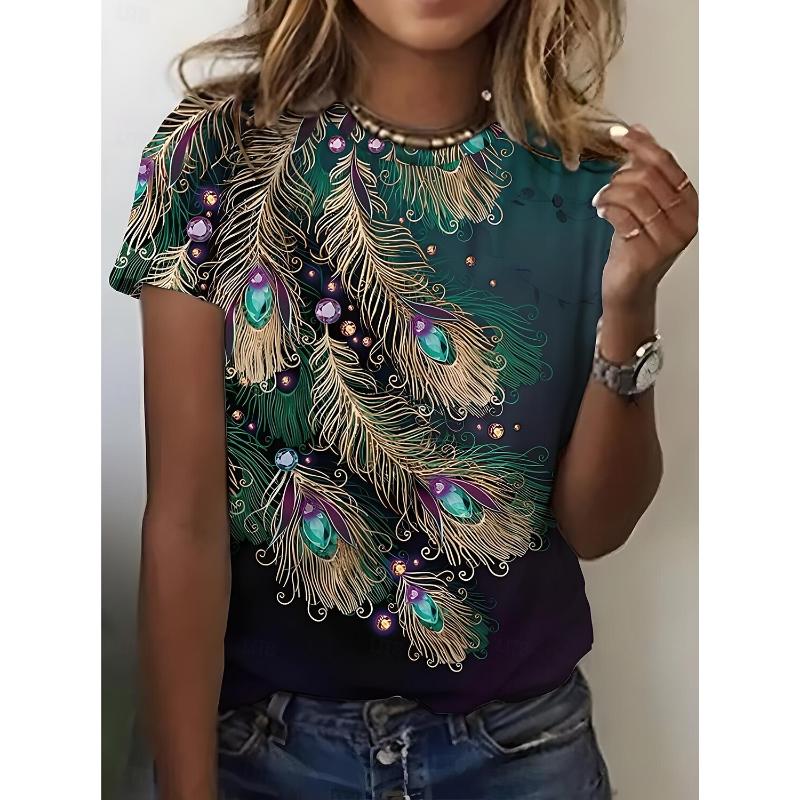 Summer Fashion Women's T Shirt Ombre Graphic Feather Trendy Classic Short Sleeve Crew Neck Tees Round Neck Regular Tops