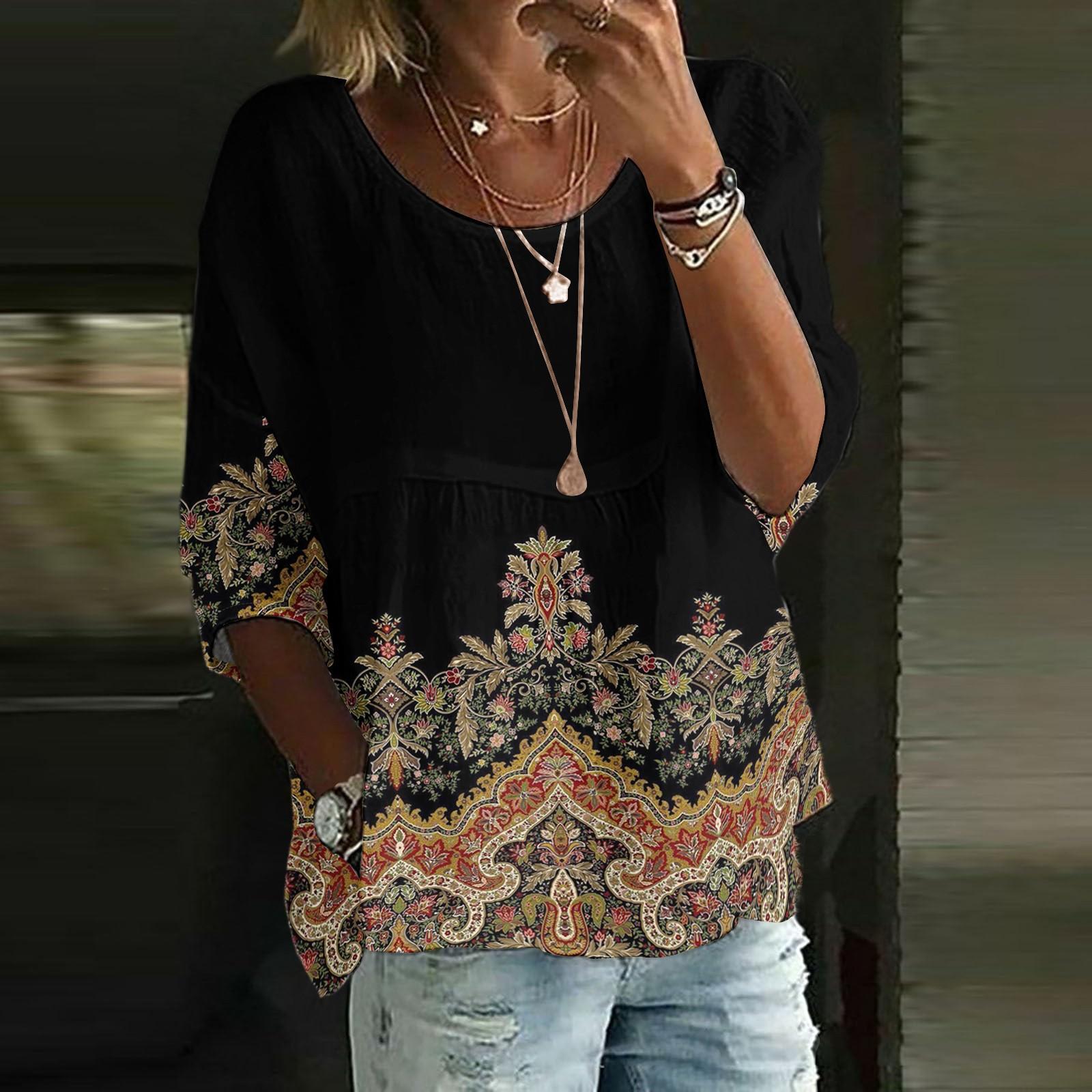 

Linen Shirts For Women 3/4 Sleeve Button Down O Neck Summer Tops Dressy Casual Cute Shirts L чорний