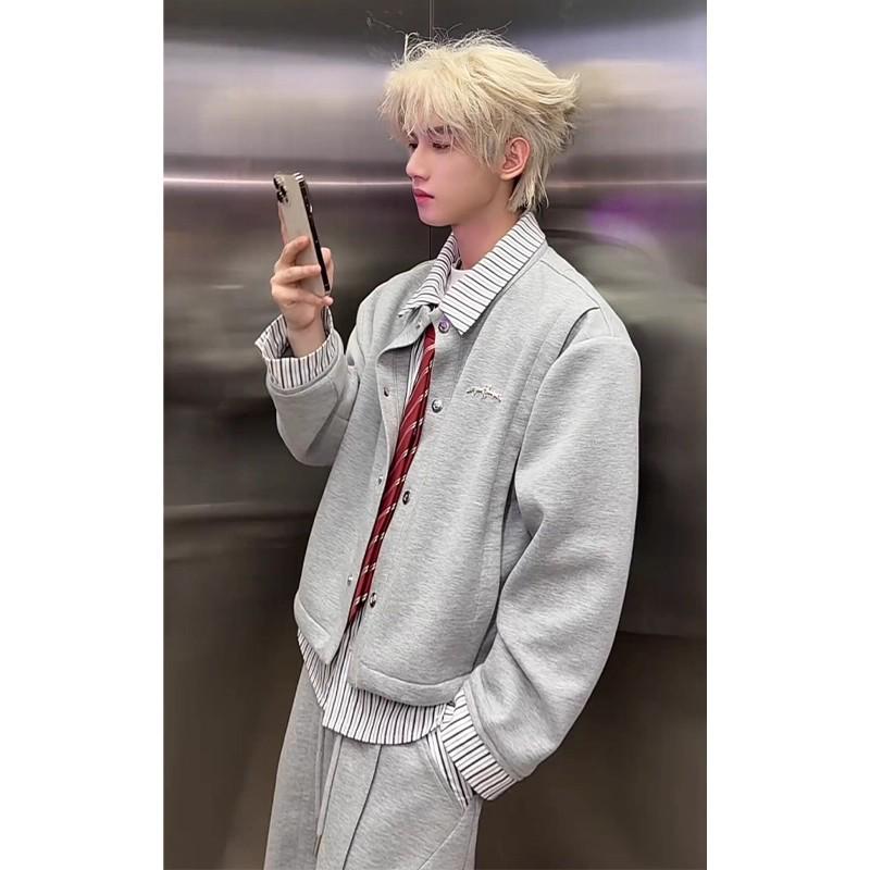 Men's Black Faux Two-Piece Hoodie Cardigan - Street Style, High-End Feel, Striped Patchwork Shirt, American Cleanfit Jacket