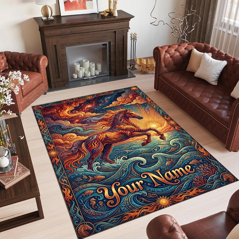 Horse Theme Crystal Velvet Floor Rug Personalized Custom Name Text Warm Carpet Home Decoration