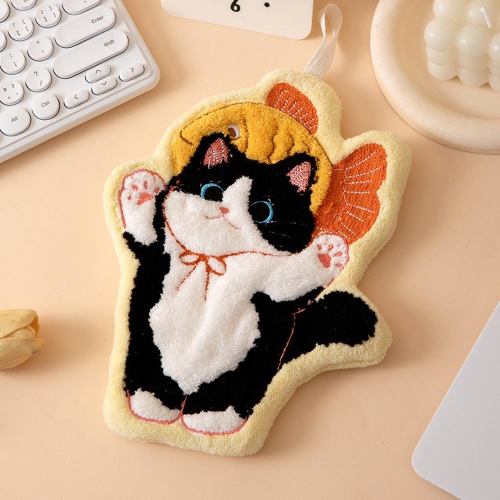 New Cute Cat Hand Towel Soft Strong Water Absorption Toilet Handkerchief Thickened Hanging Style Washcloth Kitchen