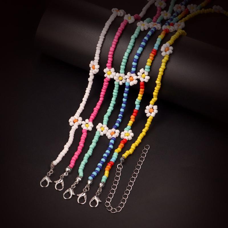 Colorful  Beaded Daisy Flower Choker Necklace Ajdustable Chain Clavicle for Women Girls Cute Handmade Boho Jewelry