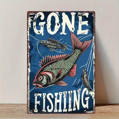 Vintage Fishing Metal Wall Decor  GONE FISHING Sign with Leaping Fish Design  Rustic Farmhouse for Man Cave Garage Cabin De