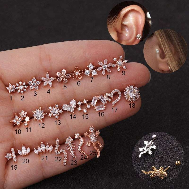 1piece Gold Color Crown Star Flower CZ Tragus Cartilage Stainless Steel Ear Stud Piercing Crystal Daith Earring