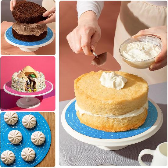 2Pcs Silicone Cake Mat,12 Inch Round Baking Mat with Measurements Reble Turntable Pastry Mats for Rolling Out Dough Cake Pizza and Cookies