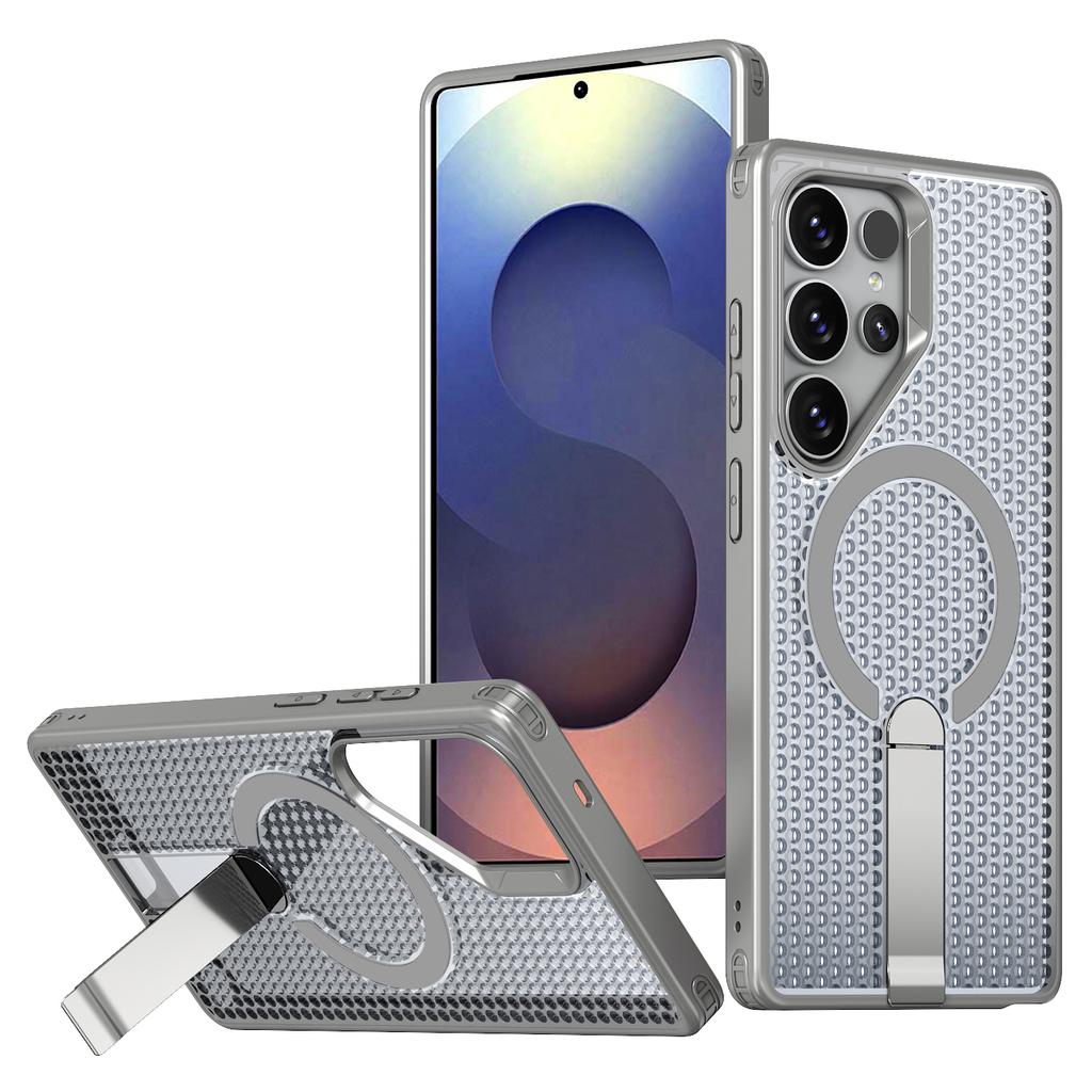 For Samsung Galaxy S25 Ultra Magnetic Case Kickstand Grid Texture TPU PC Phone Back Cover